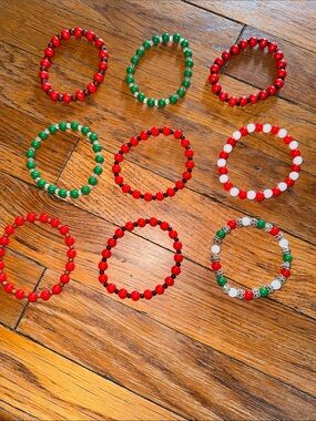 Handmade bundle of 9 Beaded Stretch Bracelets - Red, Green & White